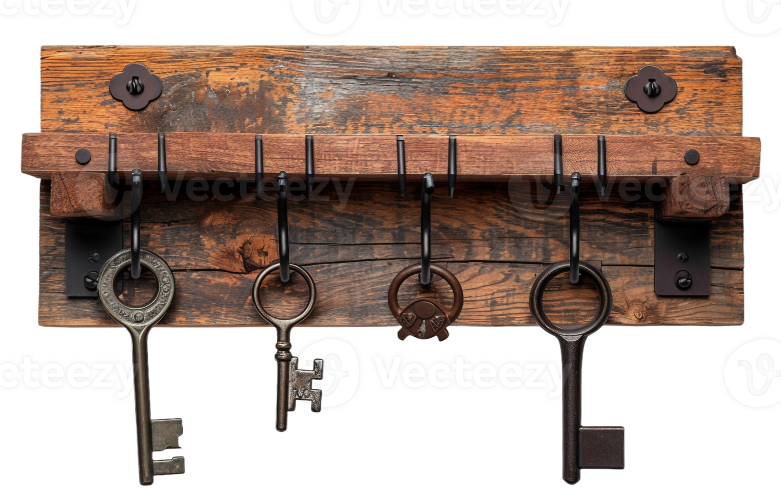 Rustic Wooden Shelf with Vintage Key Hooks on Transparent Background png