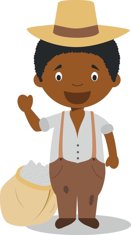Plantation slave cartoon character with a cotton sack. Illustration. Kids History Collection. vector