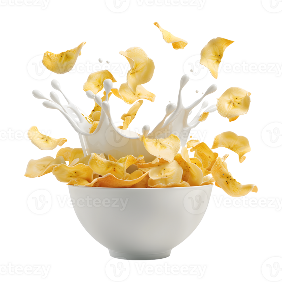 3D Rendering of a Banana Chips in a Milk Bowl on Transparent Background png