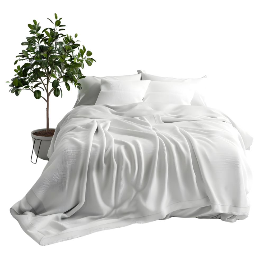 3D Rendering of a White Bed with Pillows on Transparent Background png