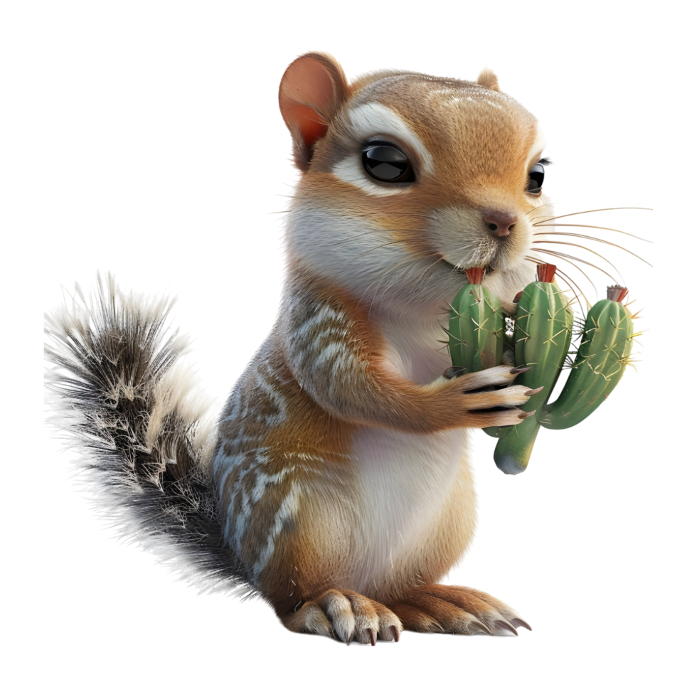 3D Rendering of a Rabbit Playing with Cactus Plant on Transparent Background png