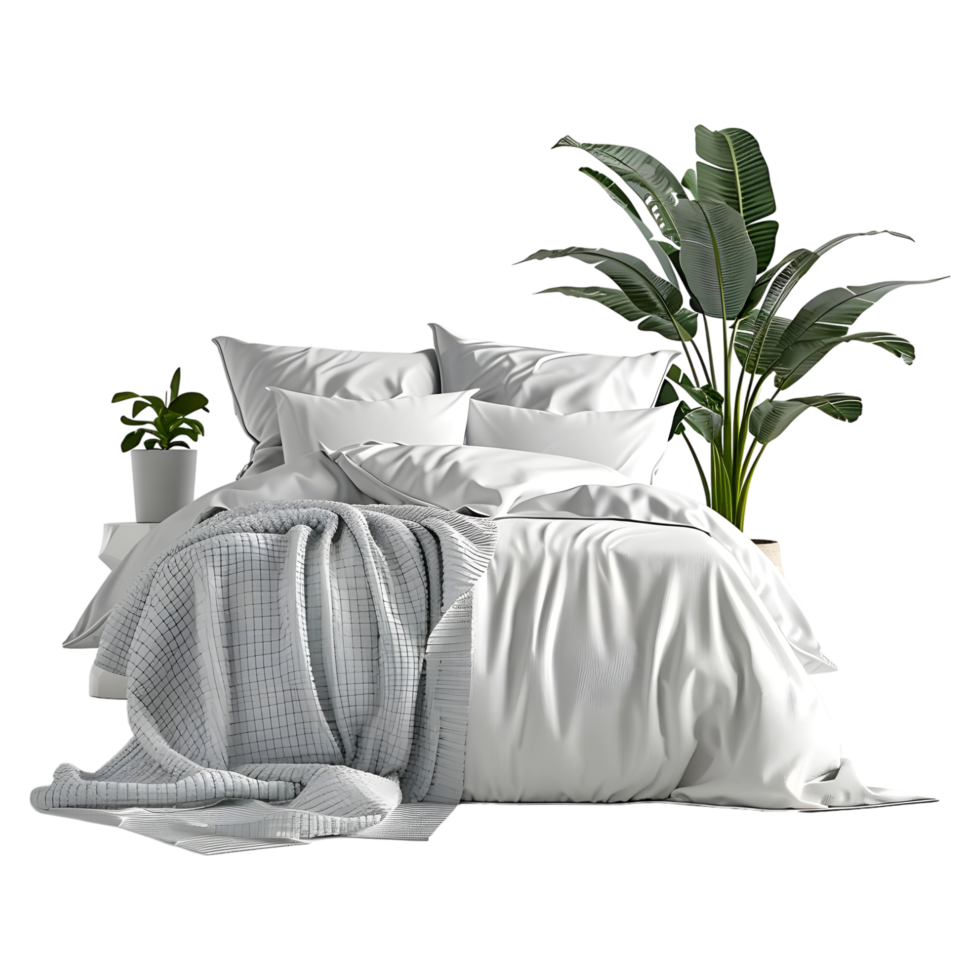 3D Rendering of a White Bed with Pillows on Transparent Background png