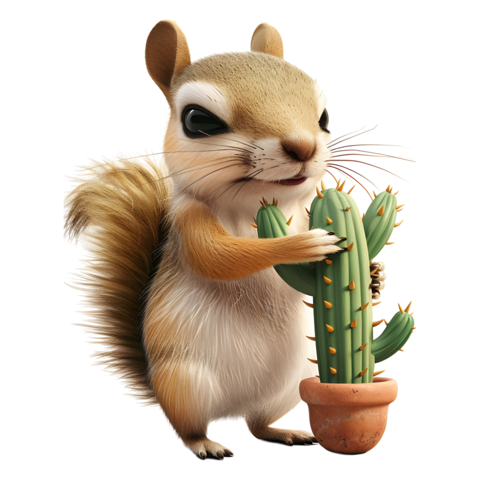 3d le rendu de une lapin en jouant avec cactus plante sur transparent Contexte png