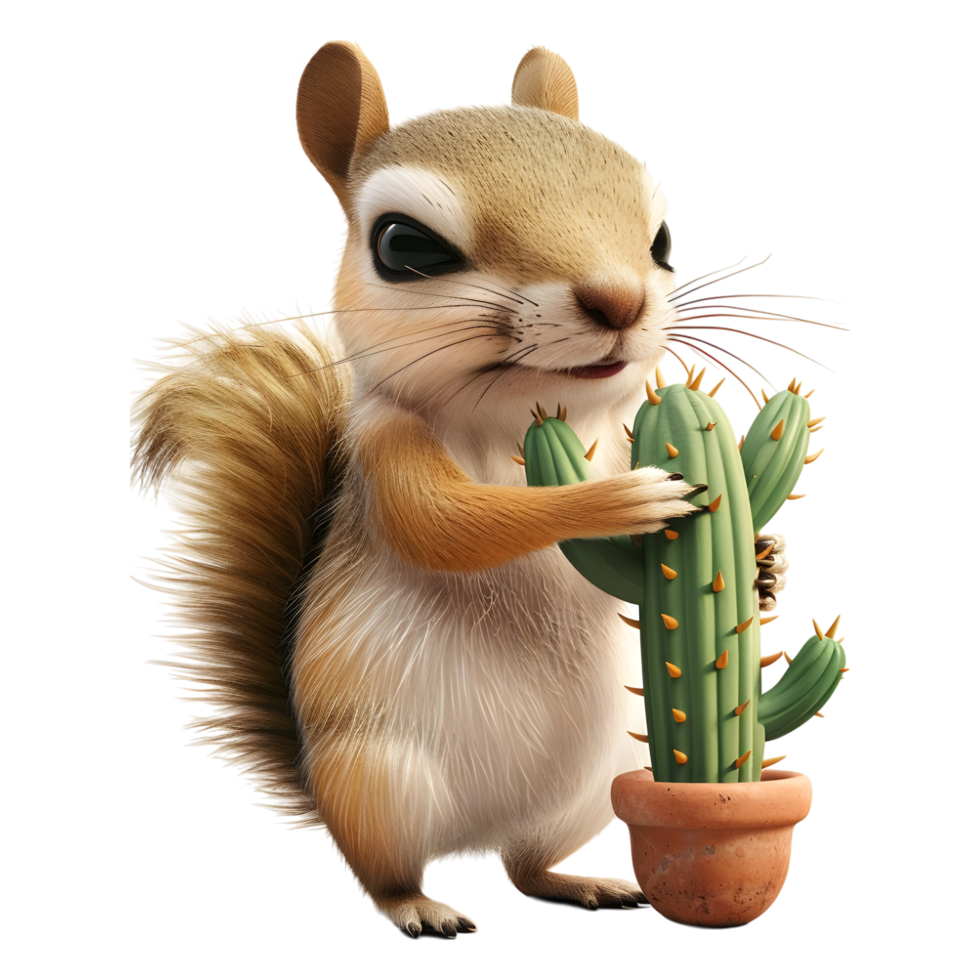 3D Rendering of a Rabbit Playing with Cactus Plant on Transparent Background png