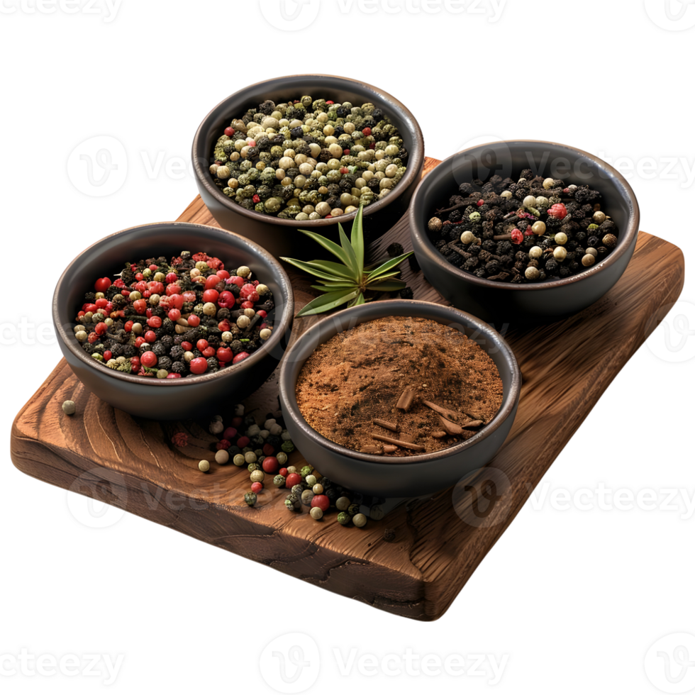3D Rendering of a Different Kind of Spices on a Wooden Plate on Transparent Background png