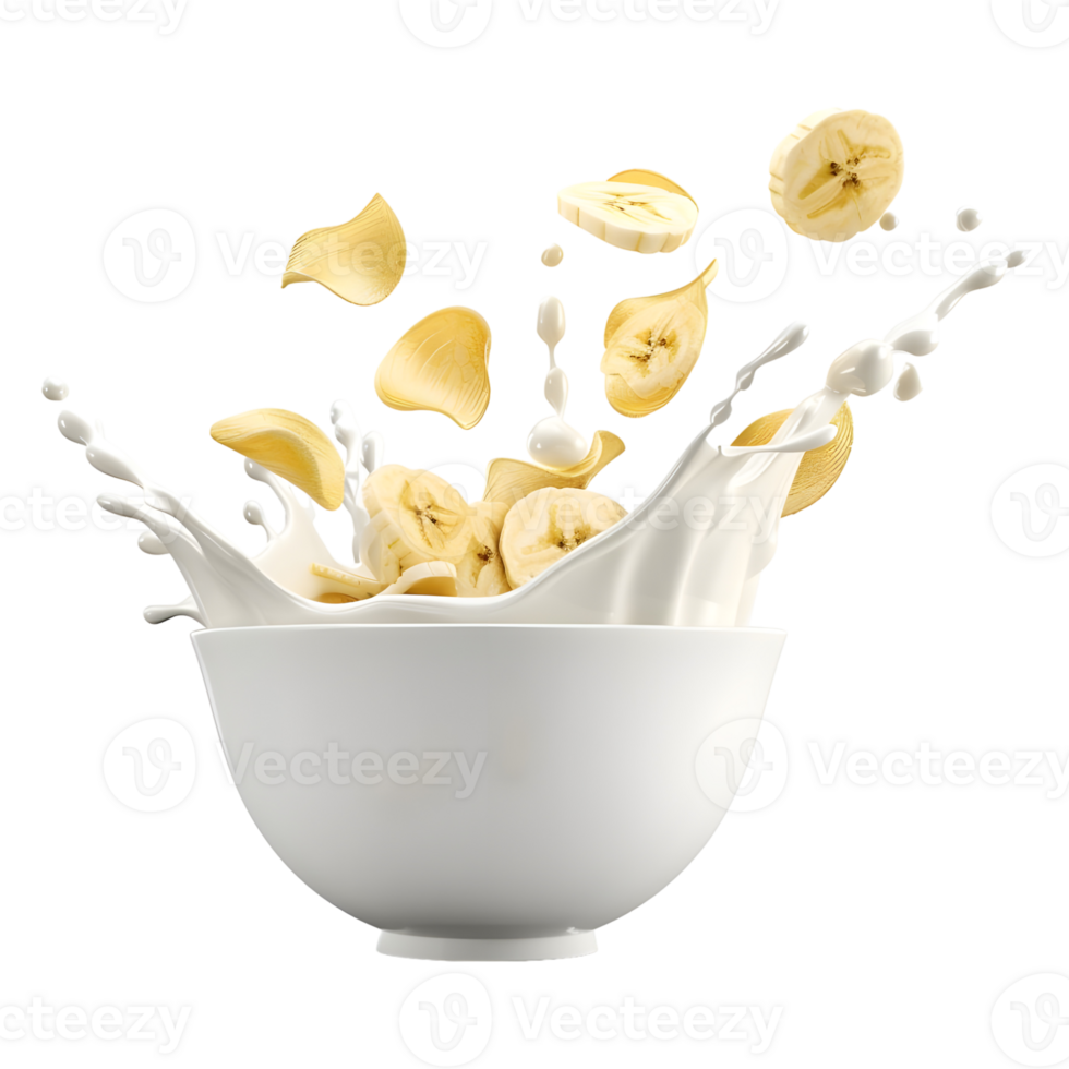 3D Rendering of a Banana Chips in a Milk Bowl on Transparent Background png