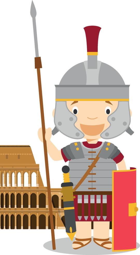 Roman Empire soldier cartoon character with The Colisseum. Illustration. Kids History Collection. vector