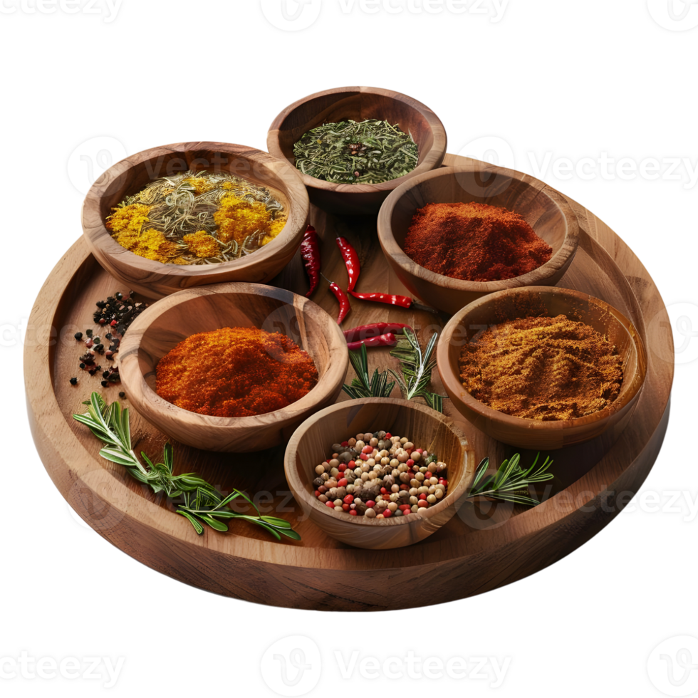 3D Rendering of a Different Kind of Spices on a Wooden Plate on Transparent Background png