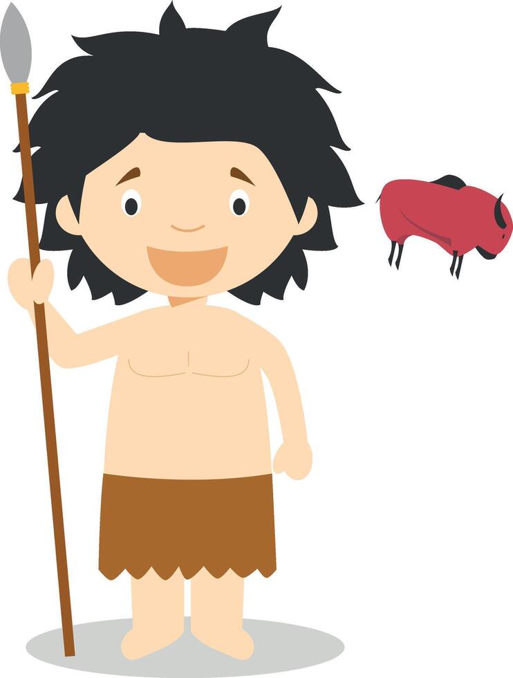 Stone Age boy cartoon character with a rock painting. Illustration. Kids History Collection. vector