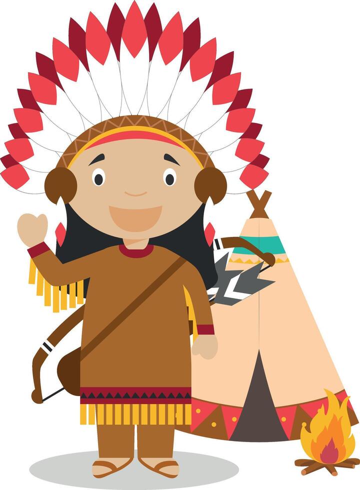 Native american cartoon character with a typical tepee. Illustration. Kids History Collection. vector