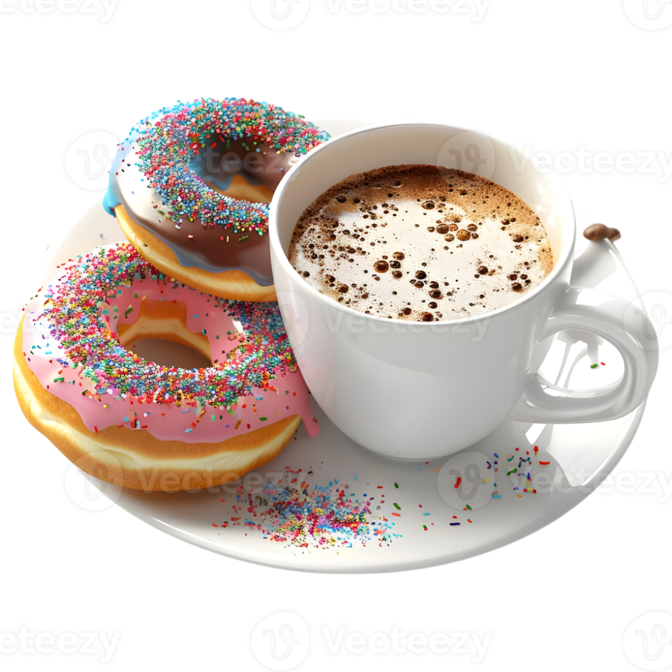 3D Rendering of a Donut with Tea in a Plate on Transparent Background png