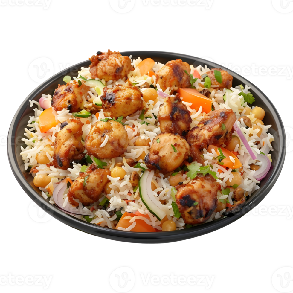 3D Rendering of a Biryani Rice with Grilled Chicken Pieces on Transparent Background png