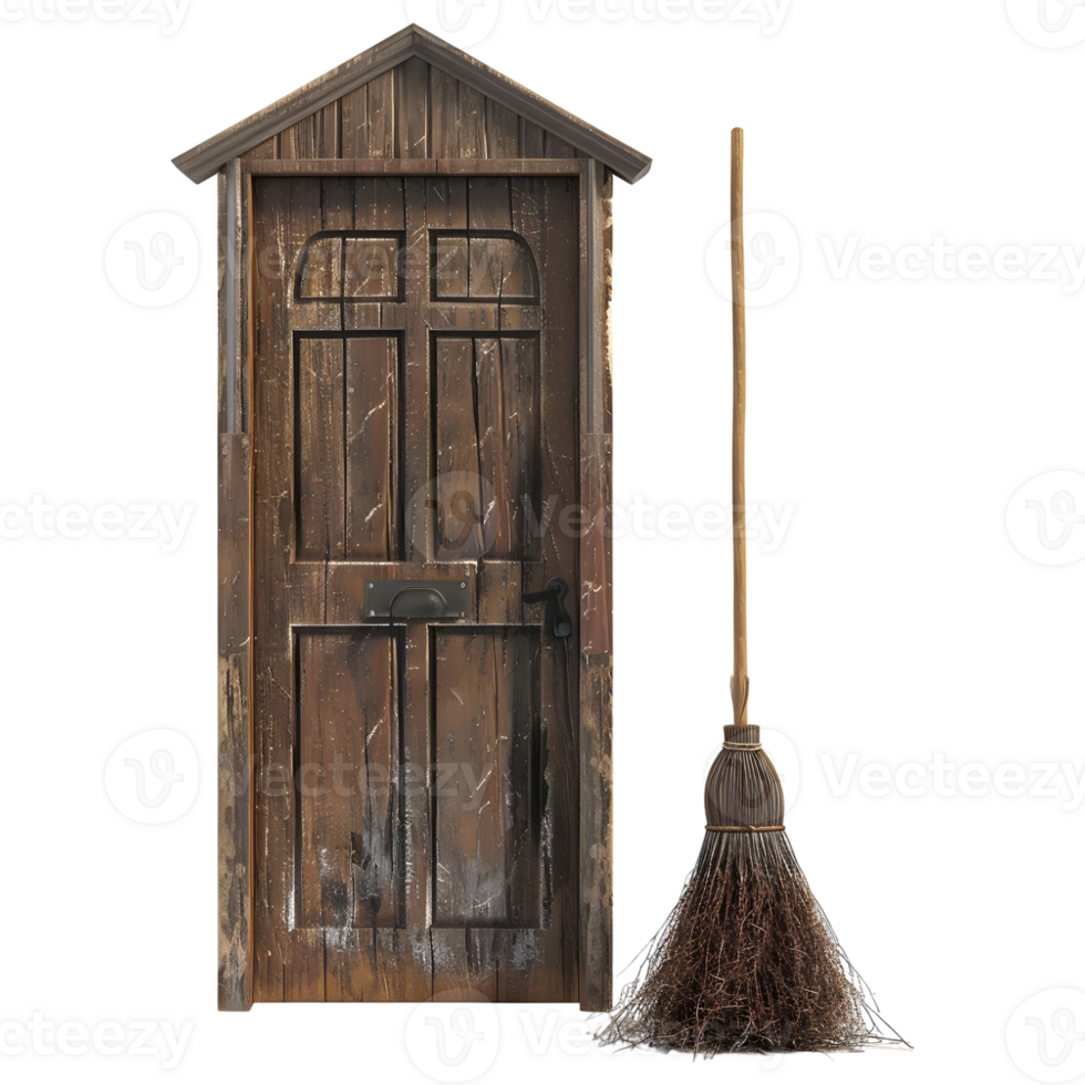 3D Rendering of a Wooden Door with Witch Broom on Transparent Background png