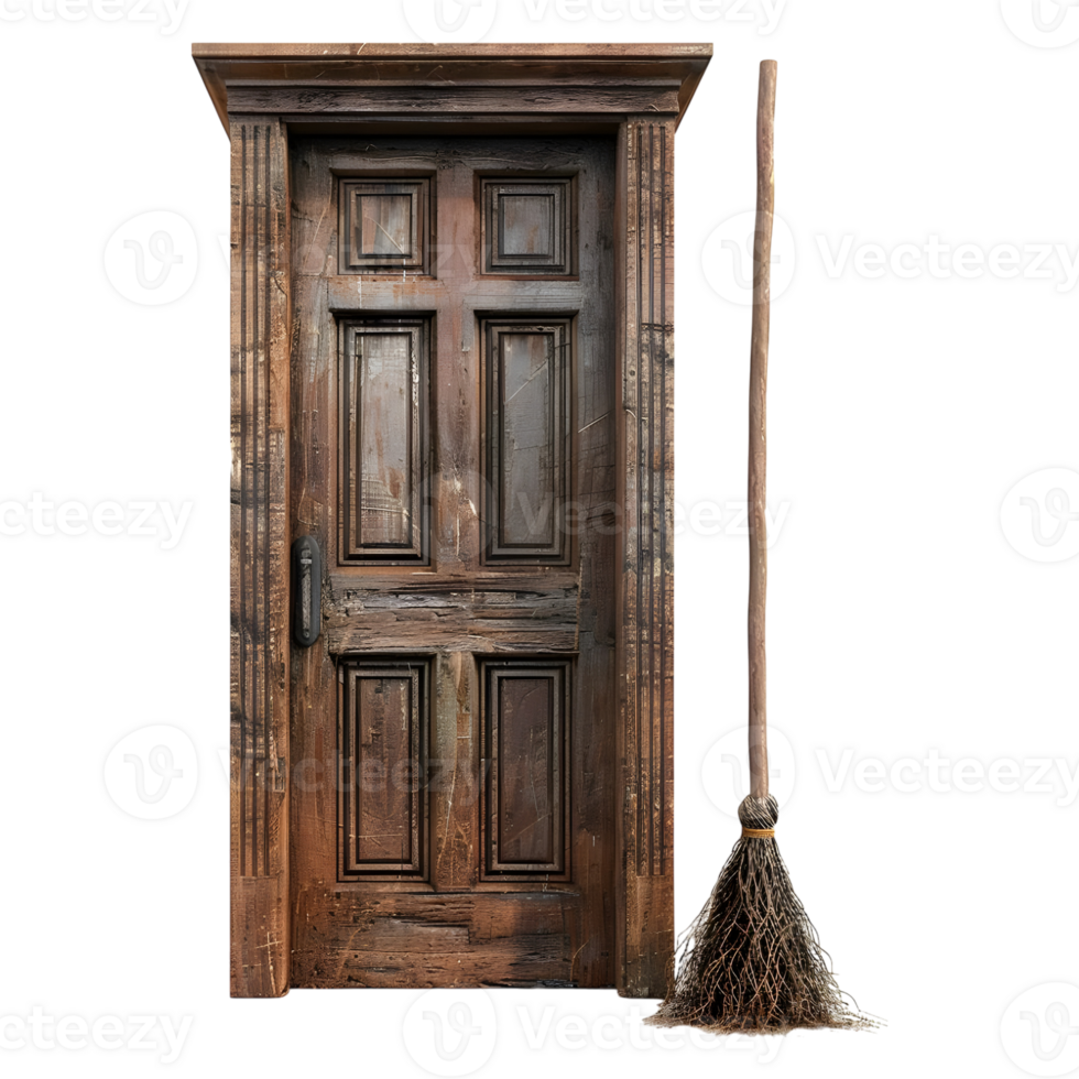 3D Rendering of a Wooden Door with Witch Broom on Transparent Background png