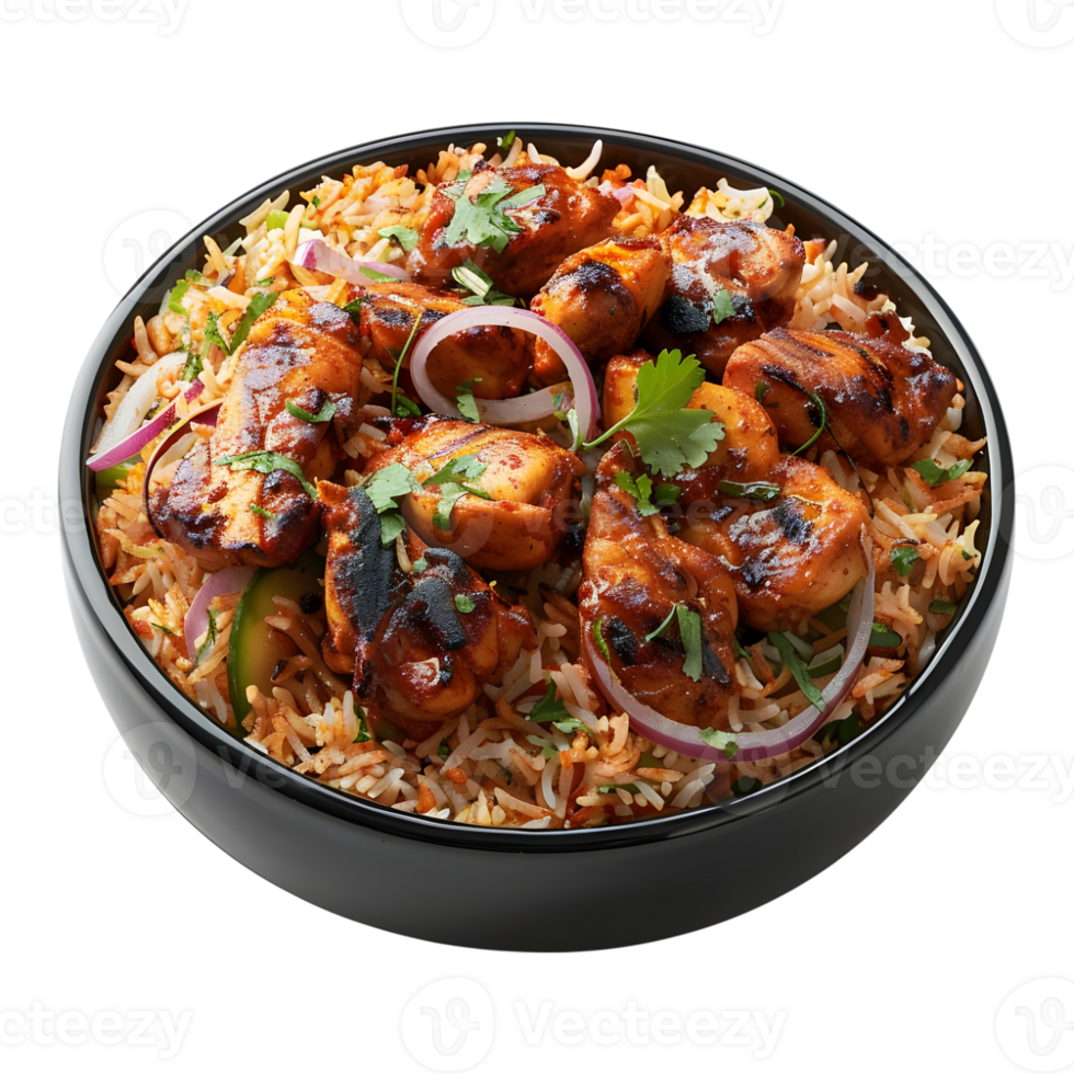 3D Rendering of a Biryani Rice with Grilled Chicken Pieces on Transparent Background png