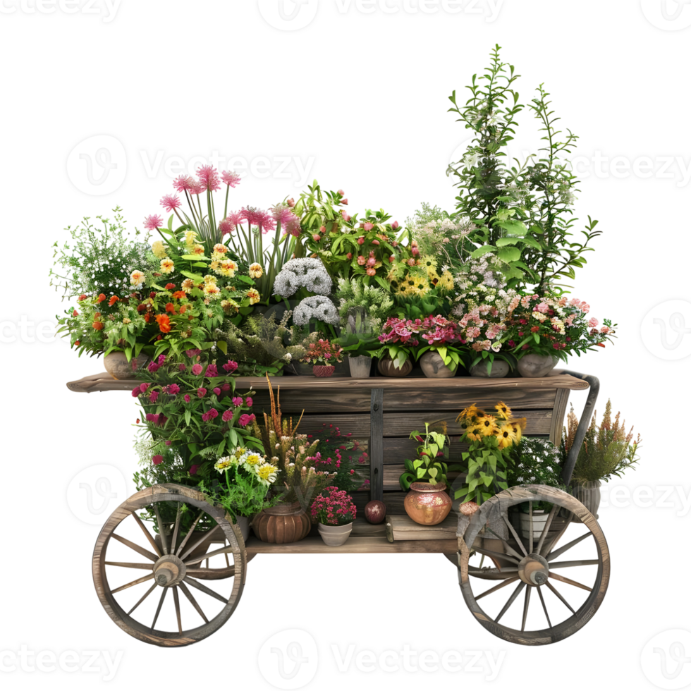 3D Rendering of a Cart with Flowers in it on Transparent Background png