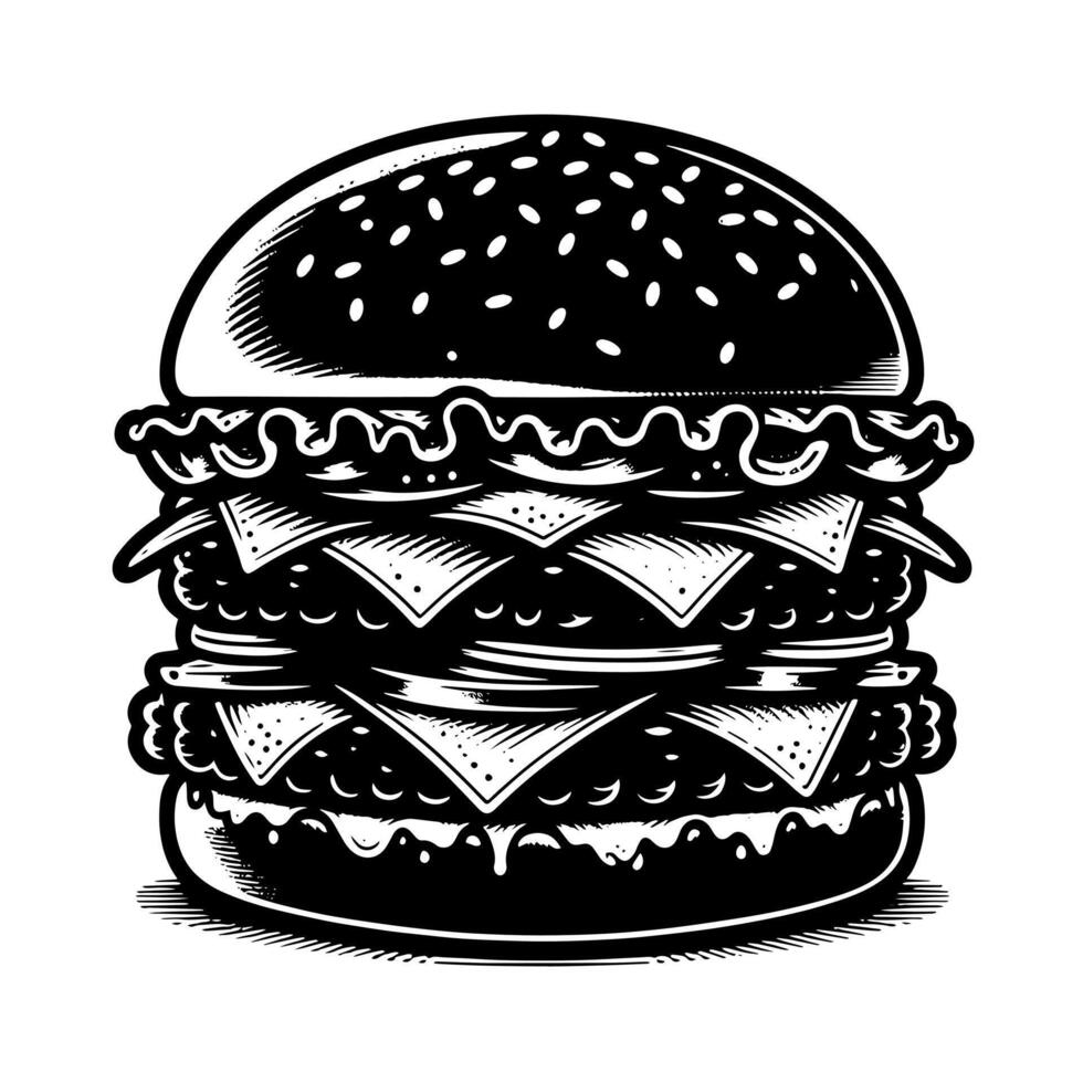 negro y blanco ilustración de un sabroso A la parrilla hamburguesa con queso vector