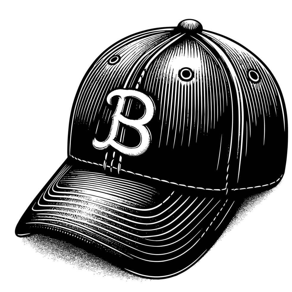 Black and white illustration of a single baseball cap vector