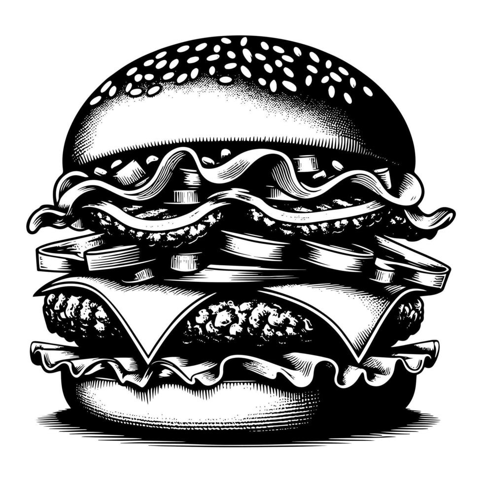 negro y blanco ilustración de un sabroso A la parrilla hamburguesa con queso vector