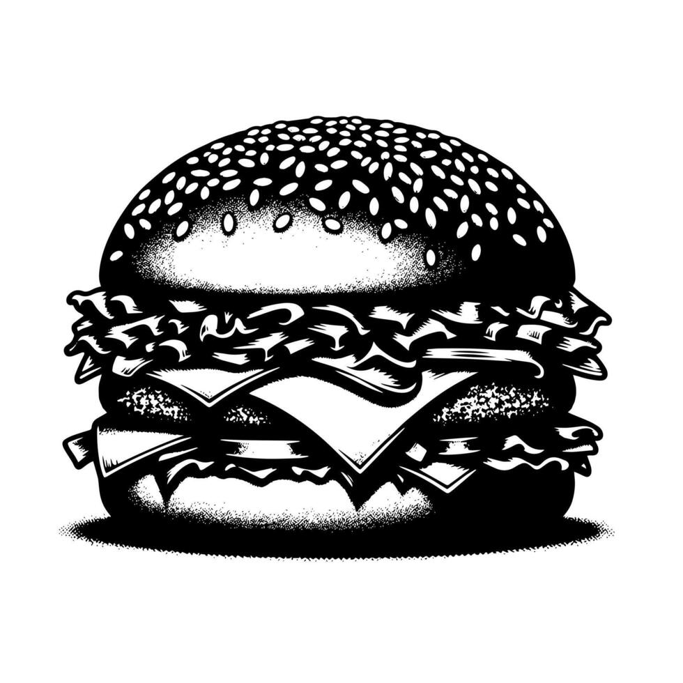 negro y blanco ilustración de un sabroso A la parrilla hamburguesa con queso vector