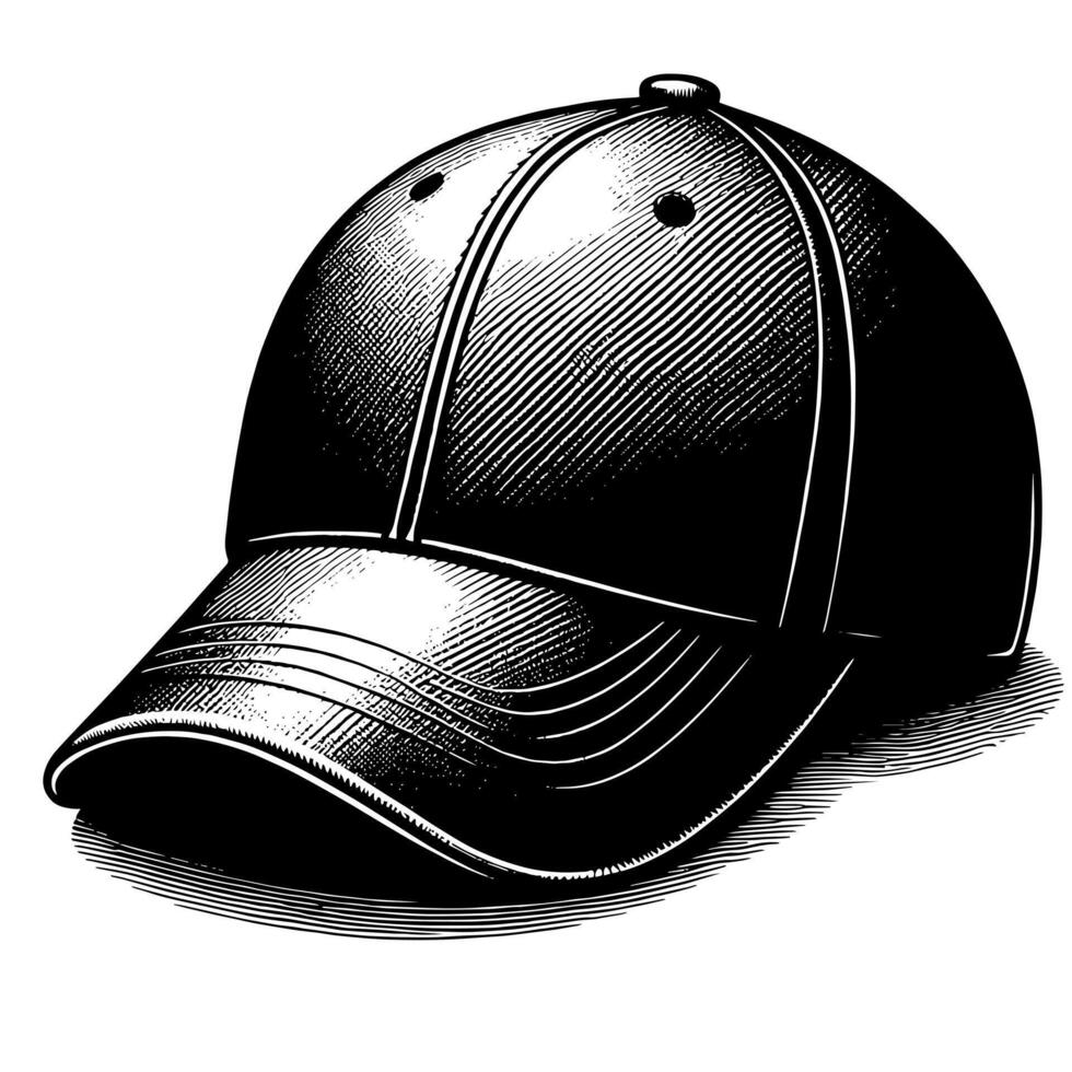 Black and white illustration of a single baseball cap vector