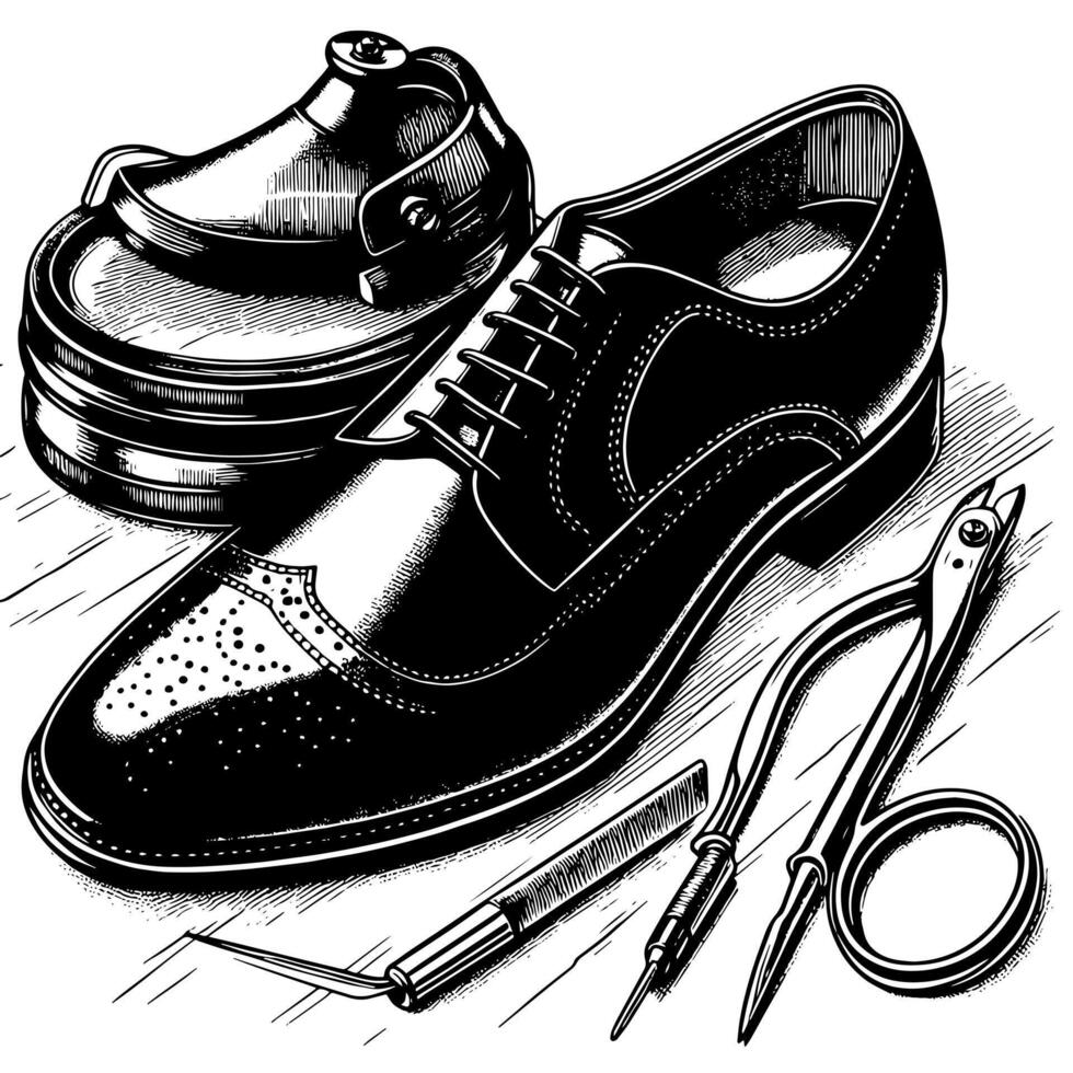 Black and white illustration of a pair of male Leather Shoes vector