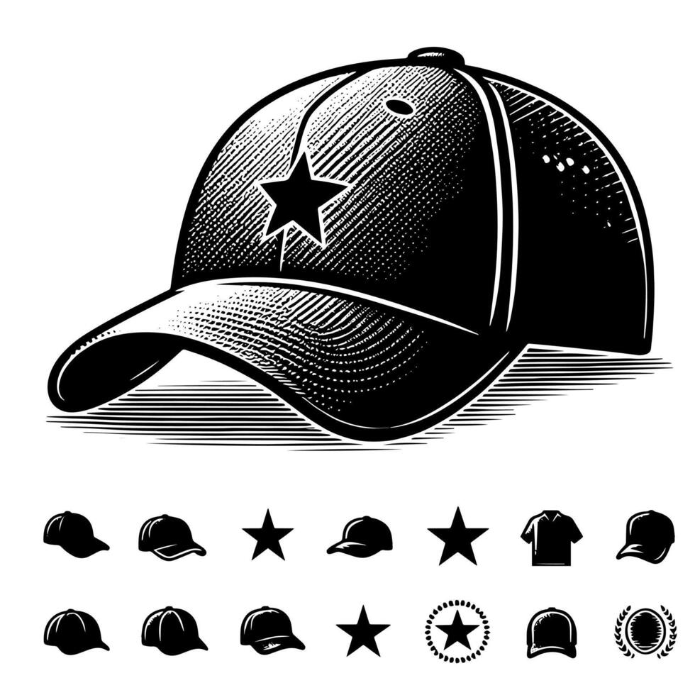 Black and white illustration of a single baseball cap vector