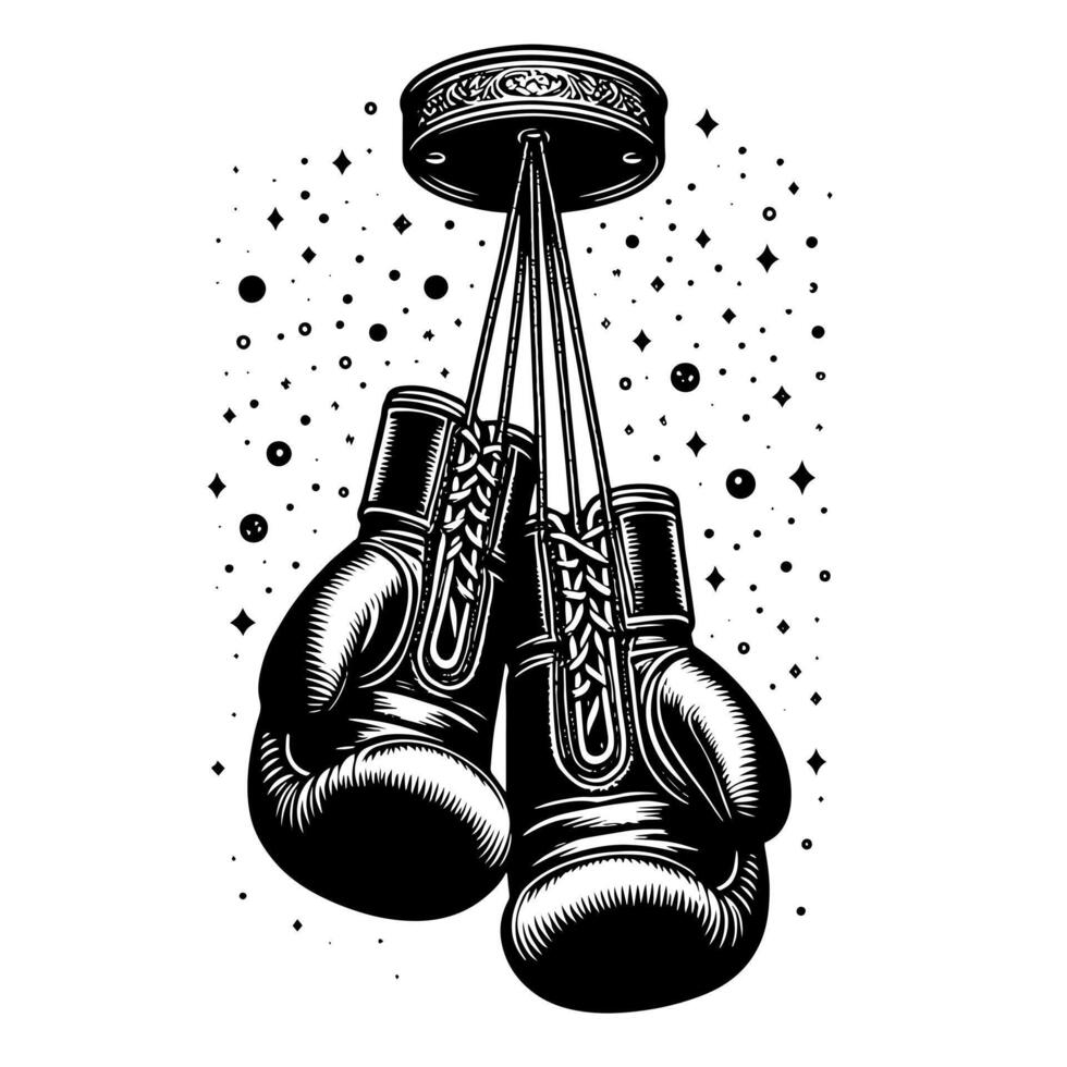 Black and white illustration of suspended Boxing Gloves vector