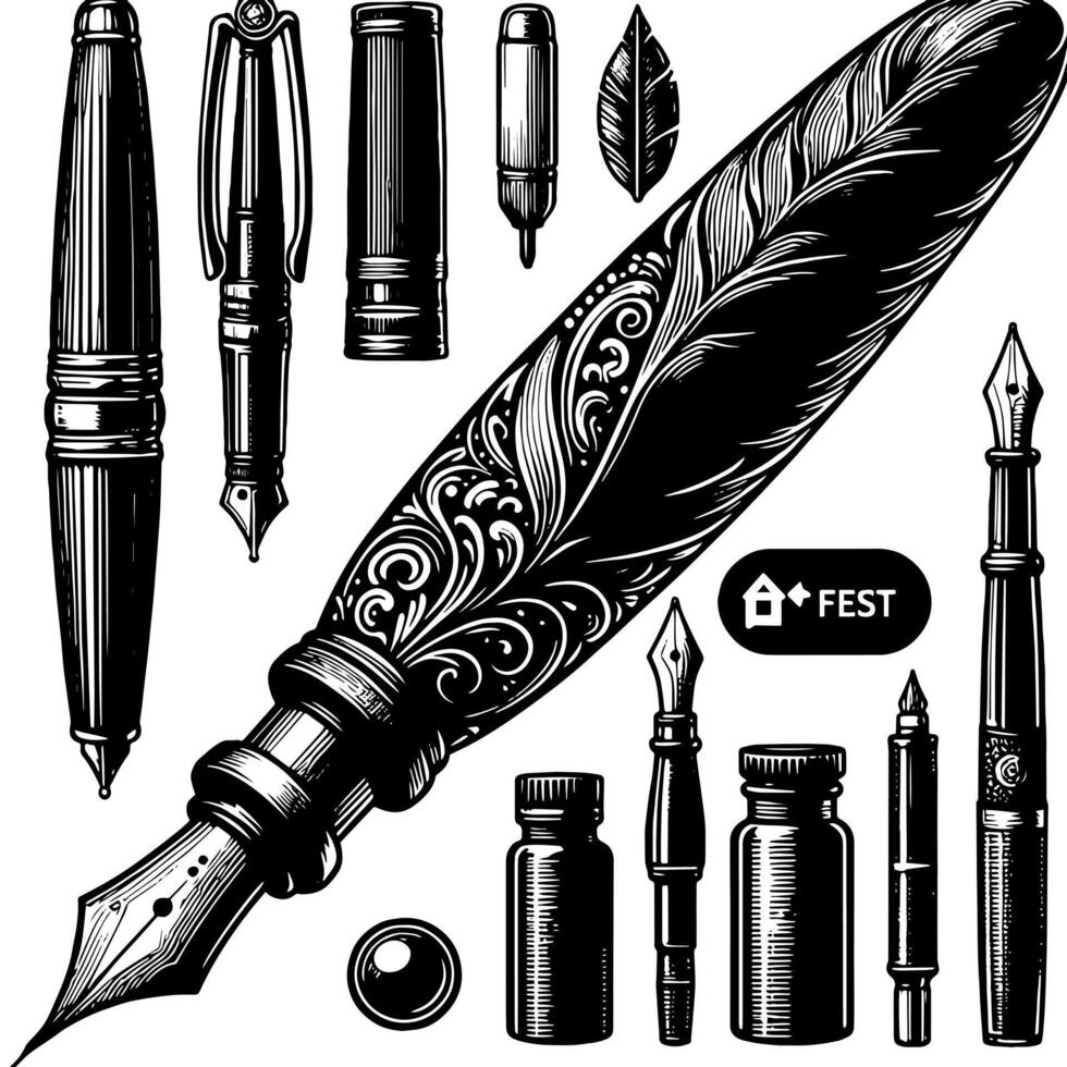 Black and white illustration of a fountain pen vector