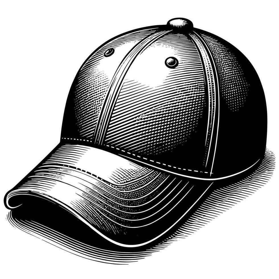 Black and white illustration of a single baseball cap vector