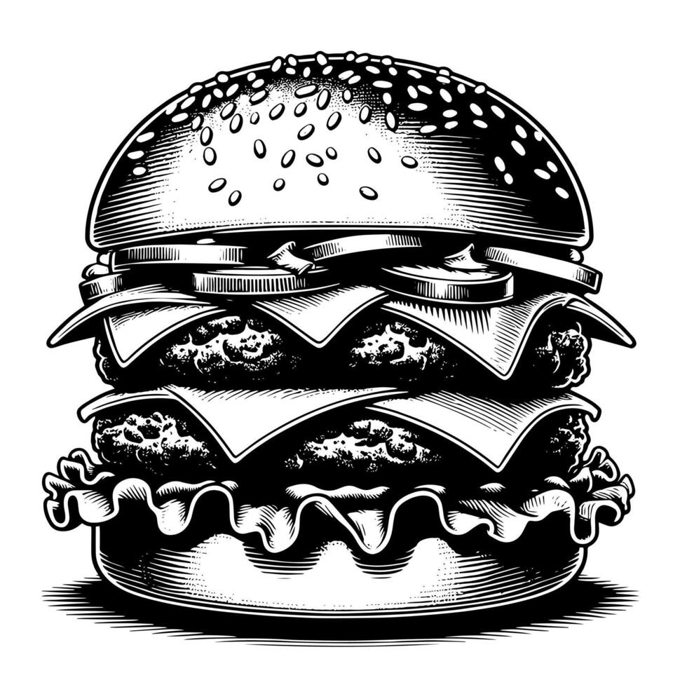 negro y blanco ilustración de un sabroso A la parrilla hamburguesa con queso vector