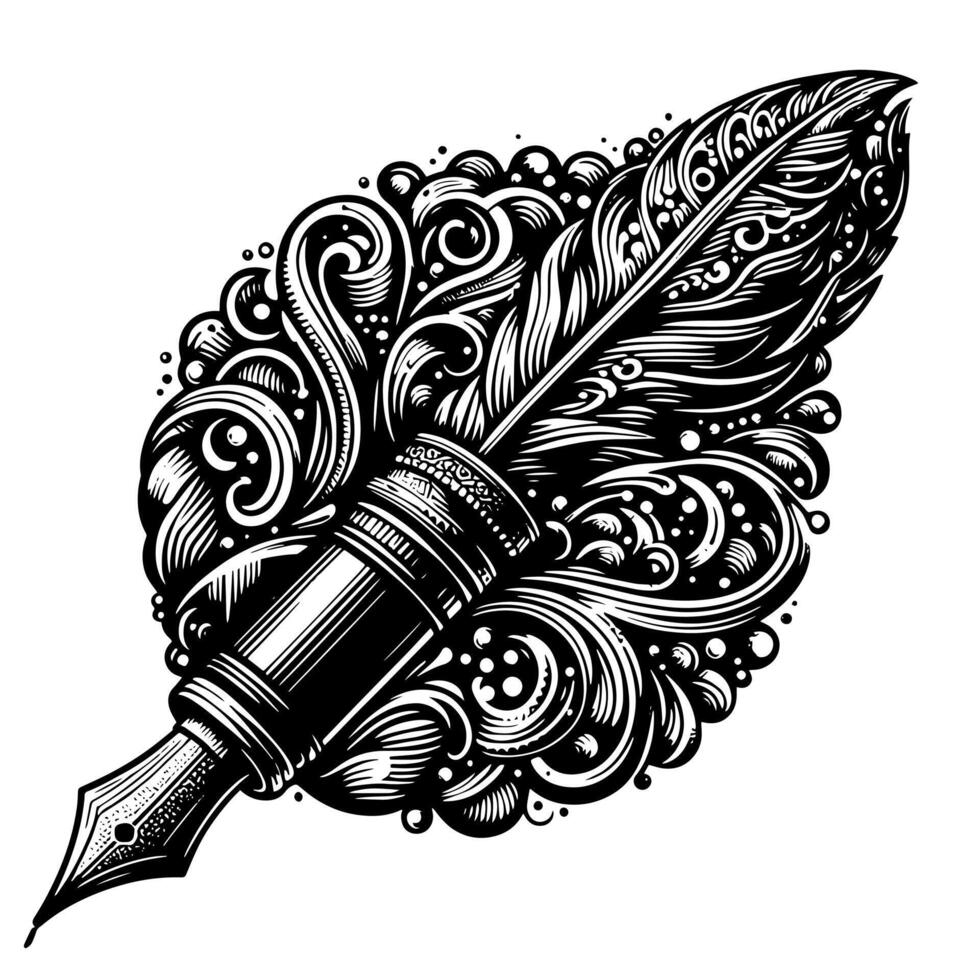 Black and white illustration of a fountain pen vector