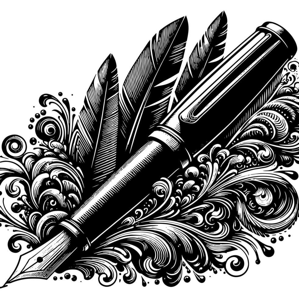 Black and white illustration of a fountain pen vector