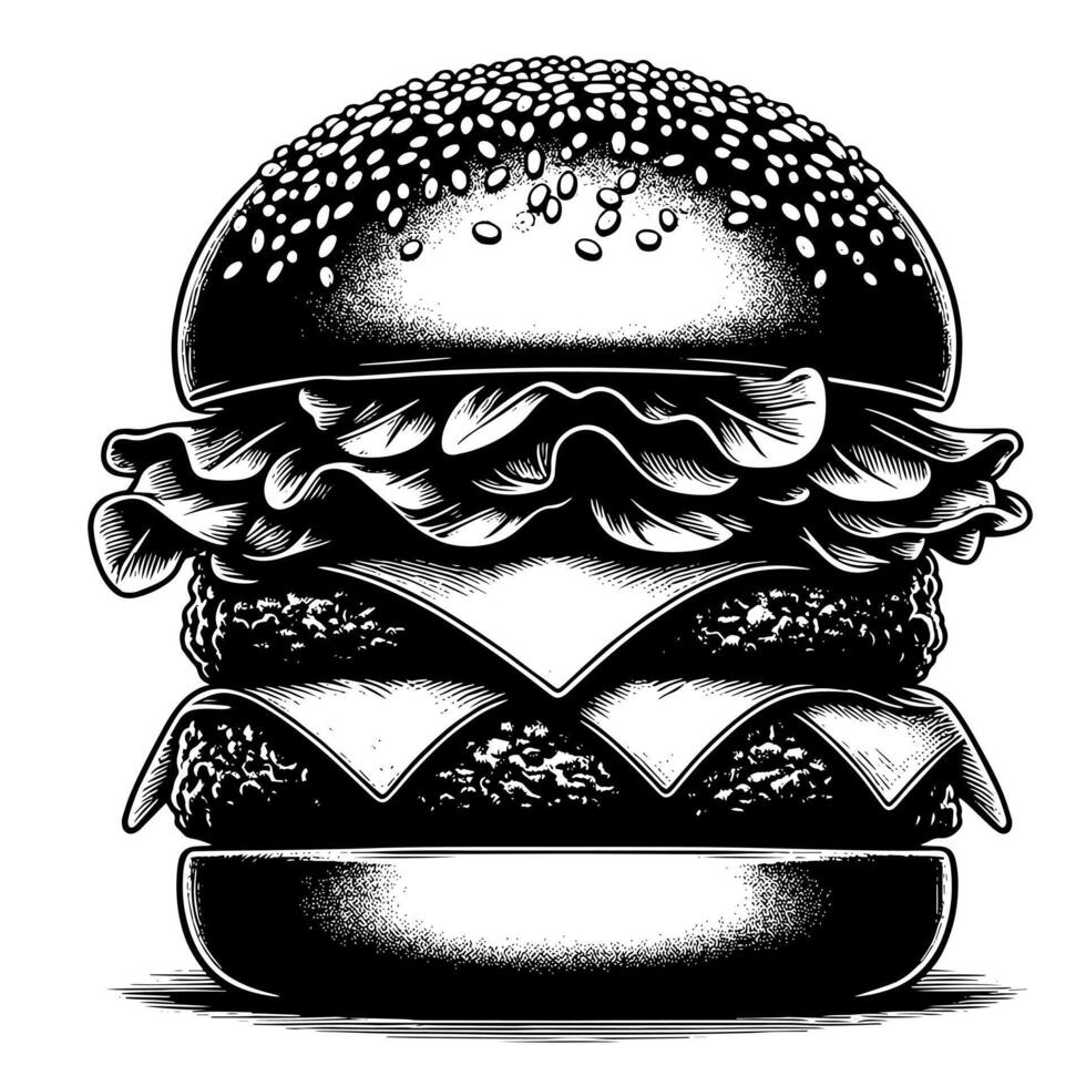 negro y blanco ilustración de un sabroso A la parrilla hamburguesa con queso vector