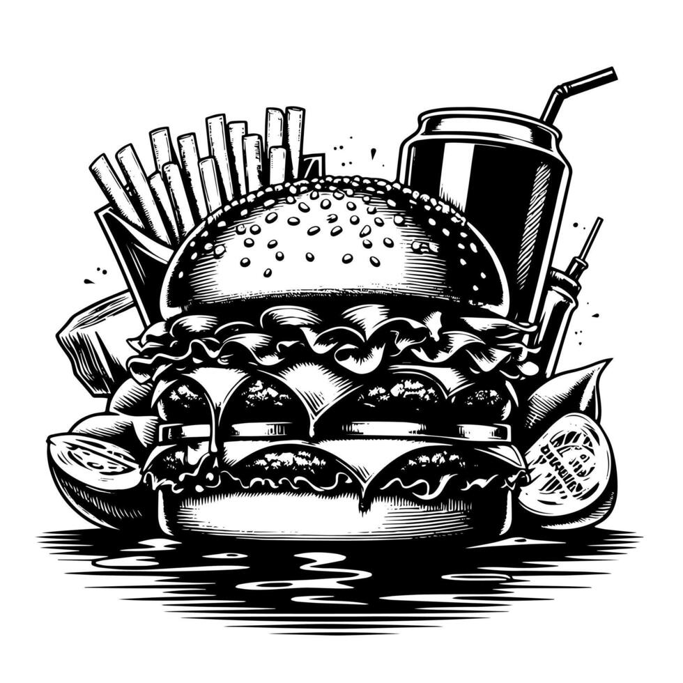 Black and white illustration of a tasty grilled Cheeseburger vector