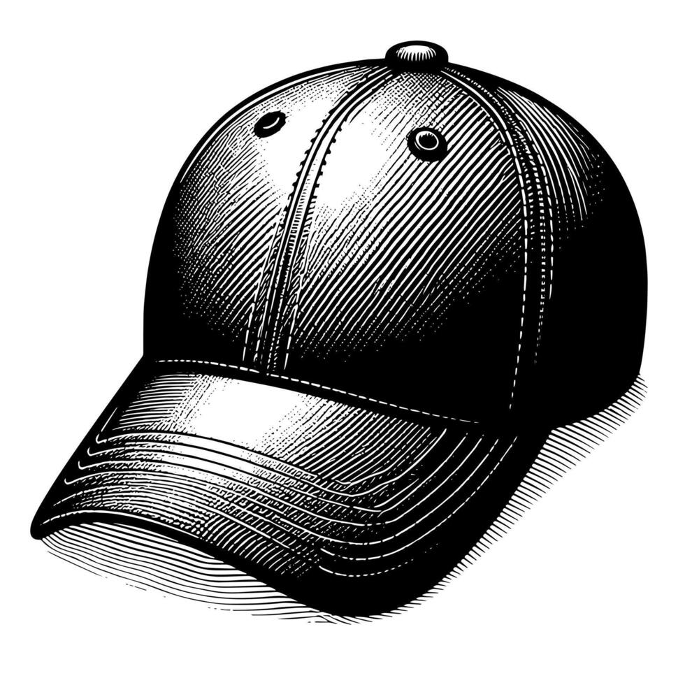 Black and white illustration of a single baseball cap vector