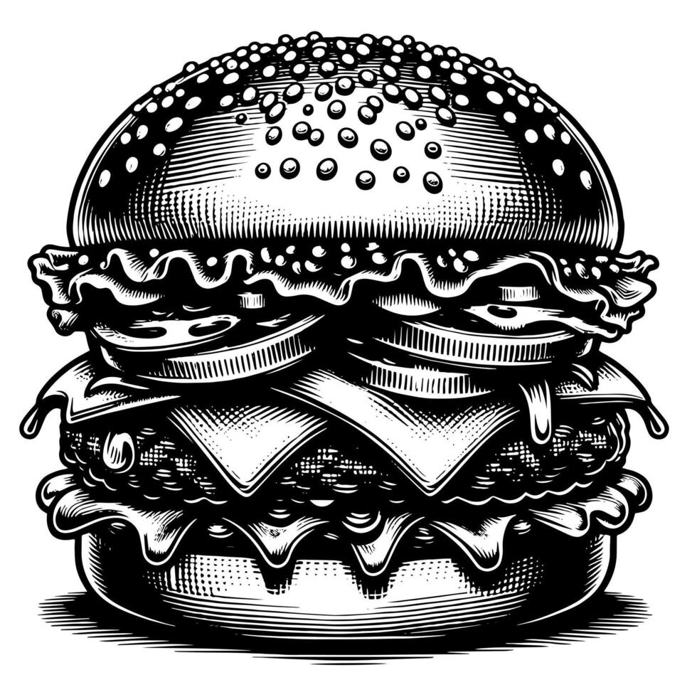 negro y blanco ilustración de un sabroso A la parrilla hamburguesa con queso vector