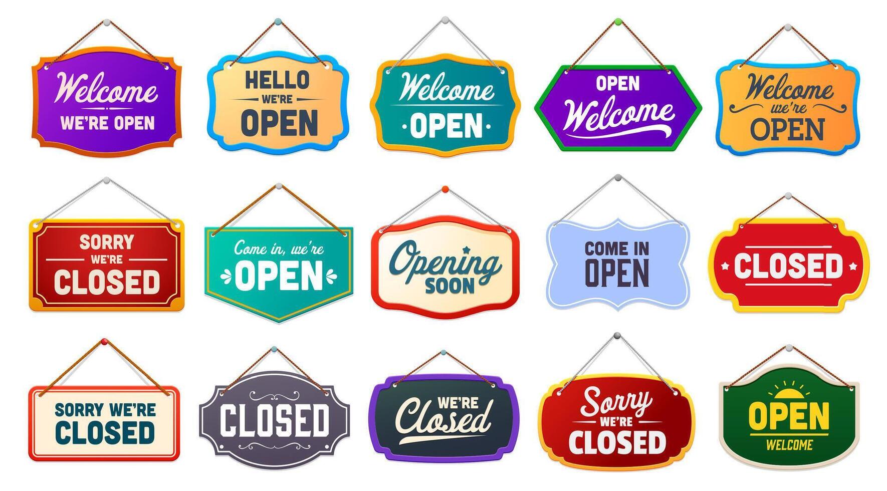 Shop notice signboard, open and closed board signs vector