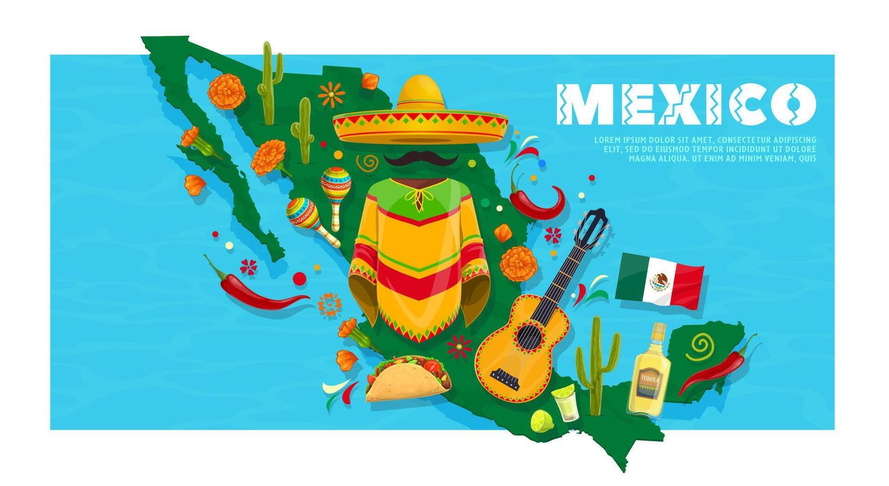Travel Mexico geography map with national items vector