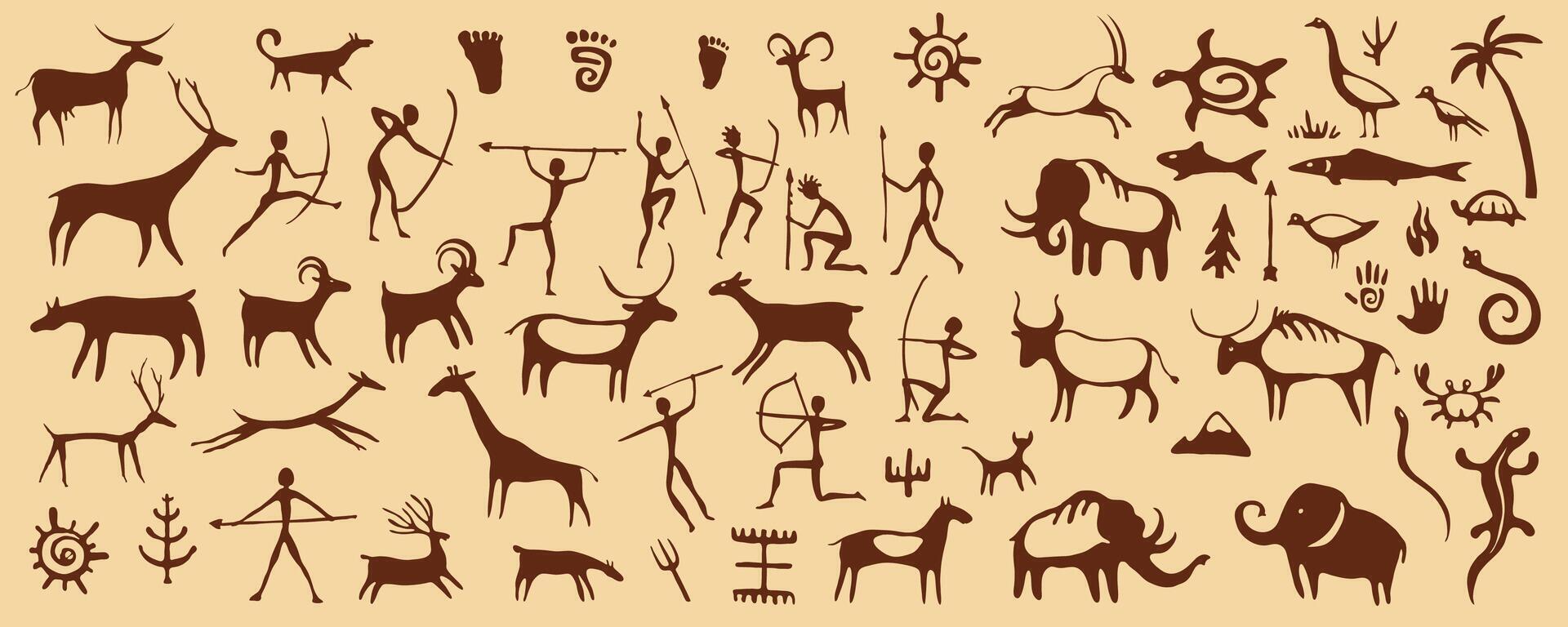 Prehistoric cave paintings, ancient rock art vector