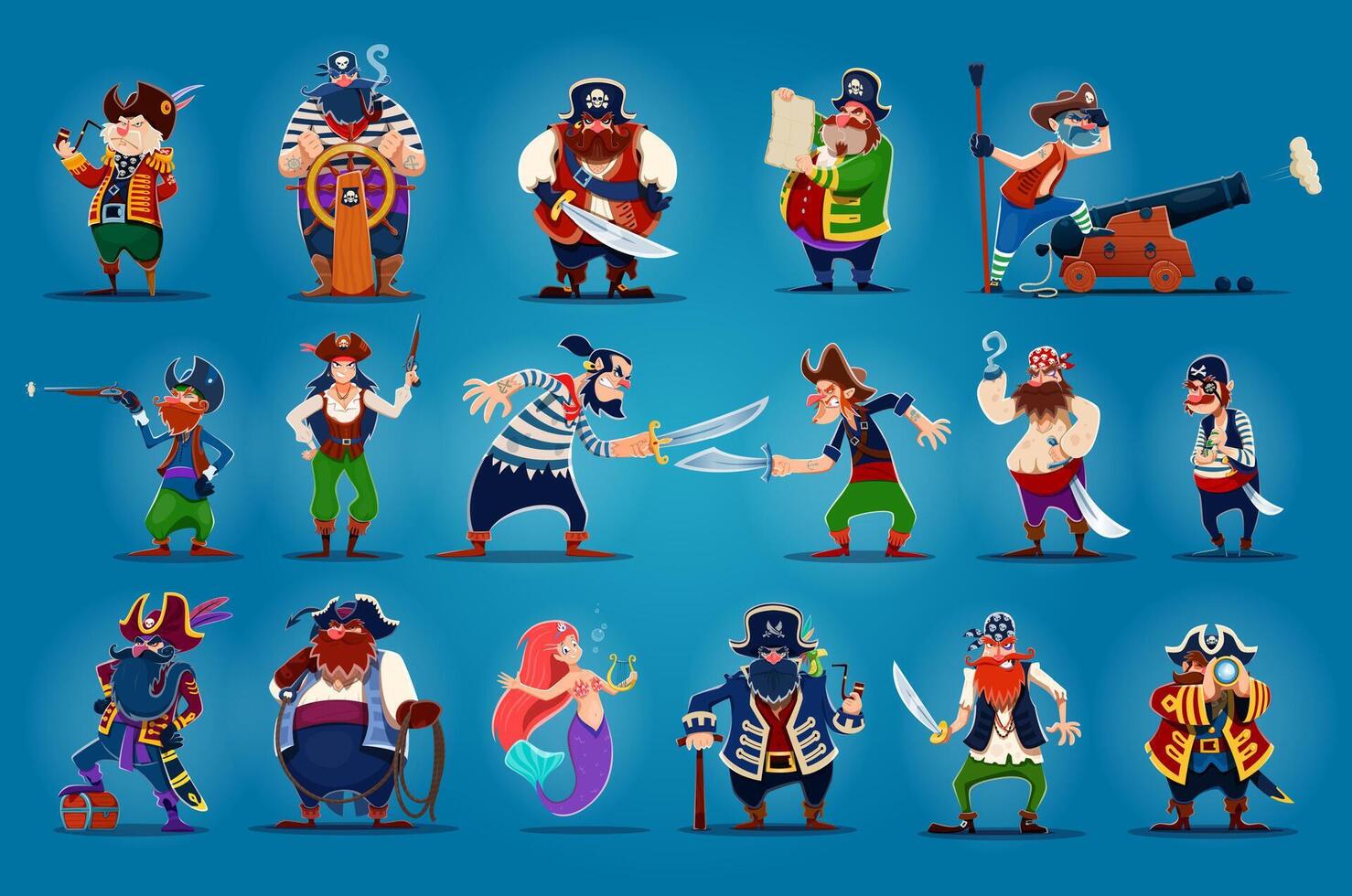 Cartoon pirate captains, mermaid, corsair sailors vector