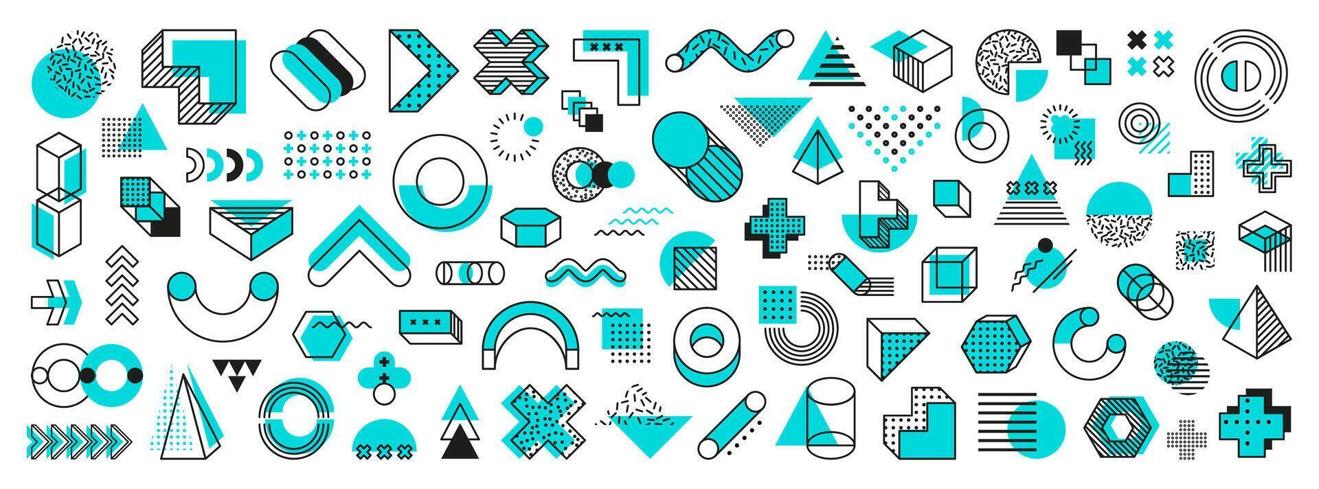 Blue geometric Memphis shapes set vector