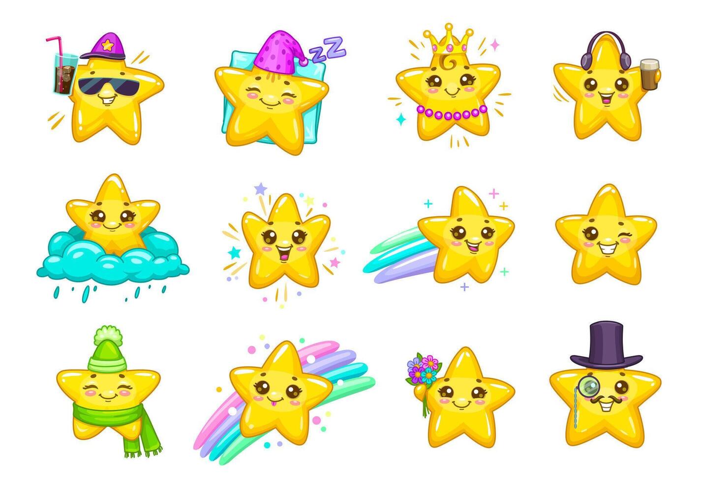 dibujos animados linda kawaii estrellas y centelleo caracteres vector