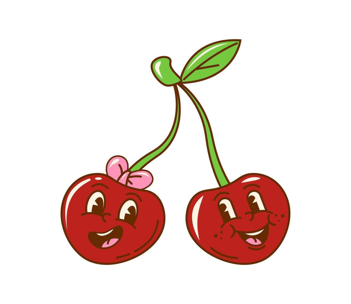 Retro groovy cherry fruit twins character vector