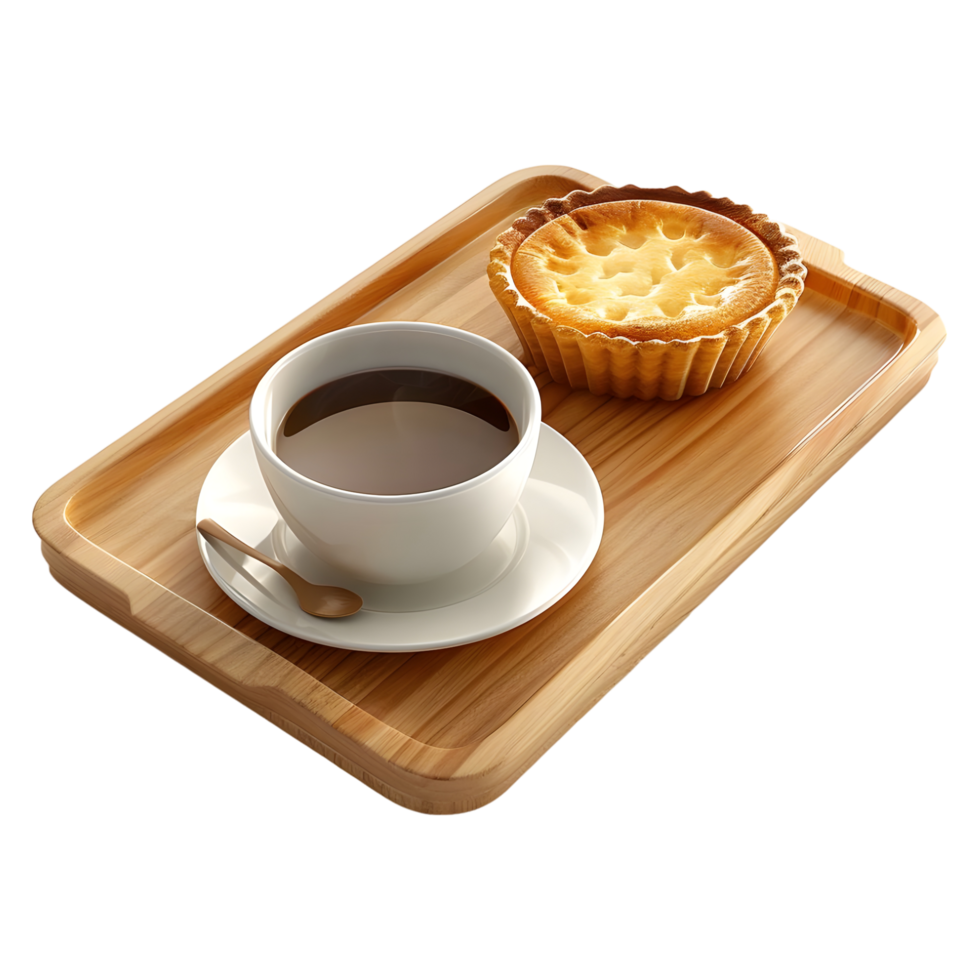 3d representación de un magdalena con negro té en un de madera plato en transparente antecedentes png