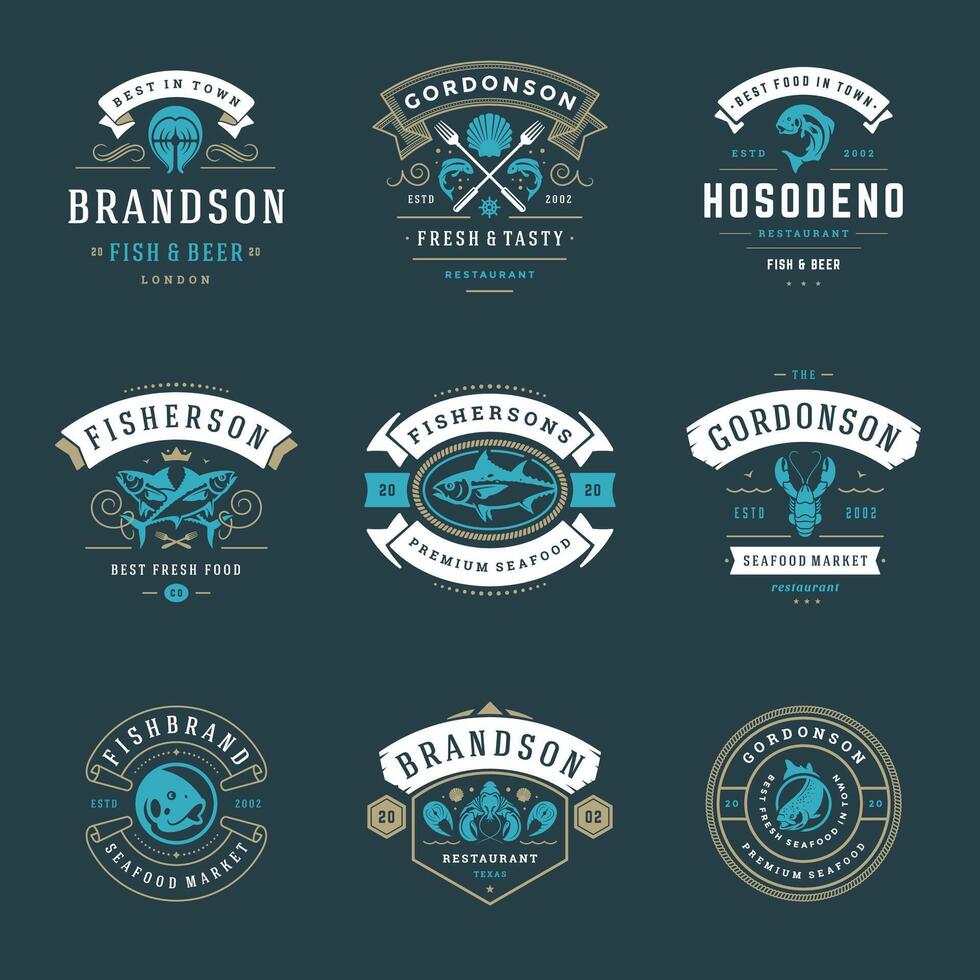 Seafood restaurant logos set illustration. vector