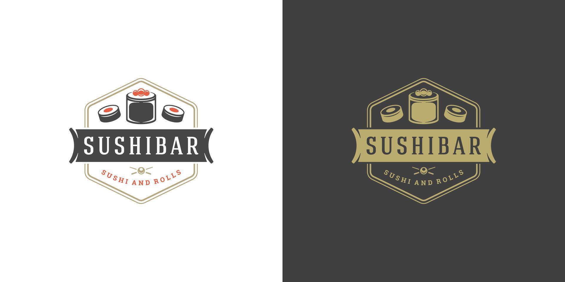 Sushi logo and badge japanese food restaurant with sushi salmon roll asian kitchen silhouette illustration vector