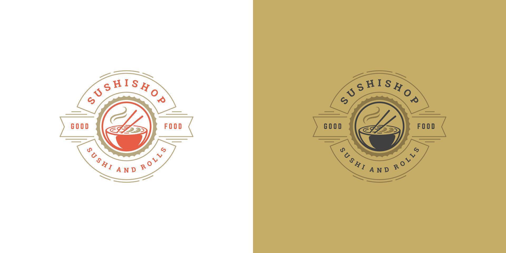 Sushi logo y Insignia japonés comida restaurante con ramen fideos sopa asiático cocina silueta ilustración vector