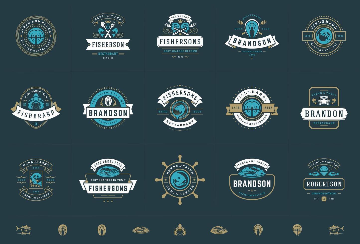 Seafood logos or signs set illustration fish market and restaurant emblems templates design vector