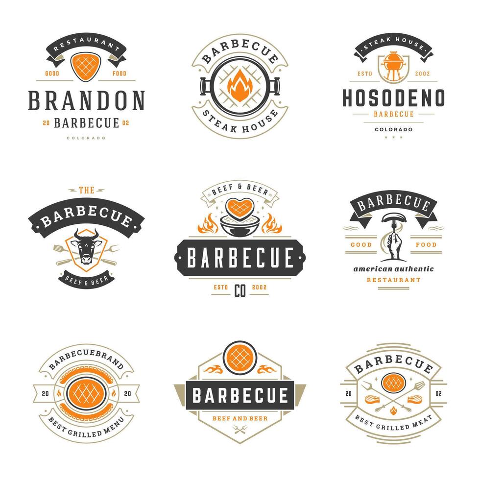 Grill restaurant logos and badges set illustration. vector